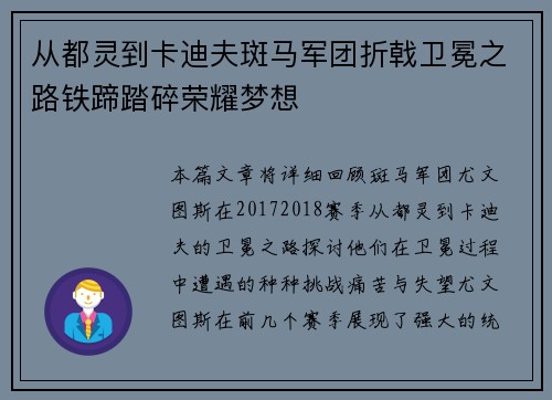 从都灵到卡迪夫斑马军团折戟卫冕之路铁蹄踏碎荣耀梦想