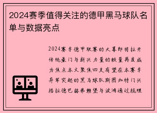 2024赛季值得关注的德甲黑马球队名单与数据亮点