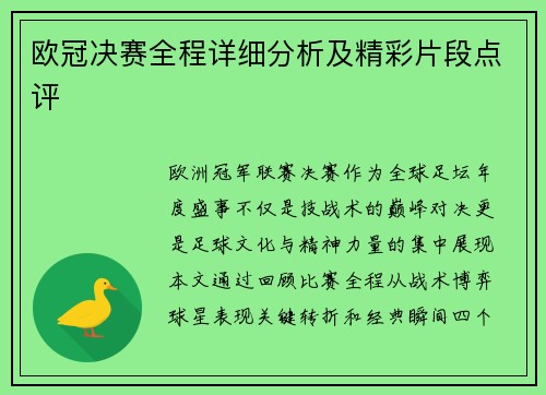 欧冠决赛全程详细分析及精彩片段点评